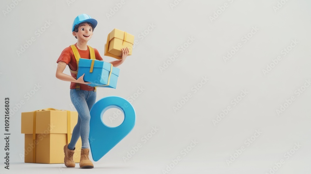Aufkleber a cheerful character carrying boxes, symbolizing delivery and logistics.