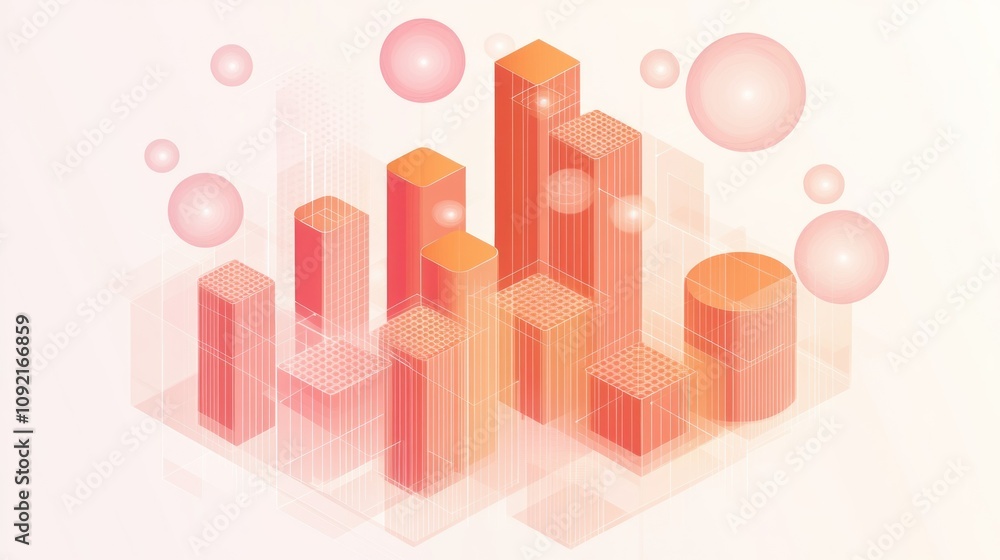 Poster abstract graphic featuring geometric shapes and bubbles in a gradient of orange and pink.