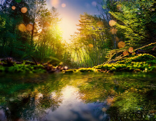 光が森林や川辺で屈折・反射し、自然のエネルギーを象徴する形状を生み出す　緑や金色の光が生命の息吹と一体化し、豊かな自然を感じさせる背景イメージ
