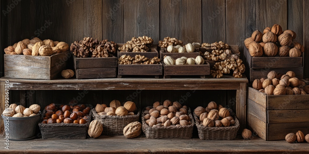 Aufkleber a rustic display of various nuts in wooden crates and baskets.
