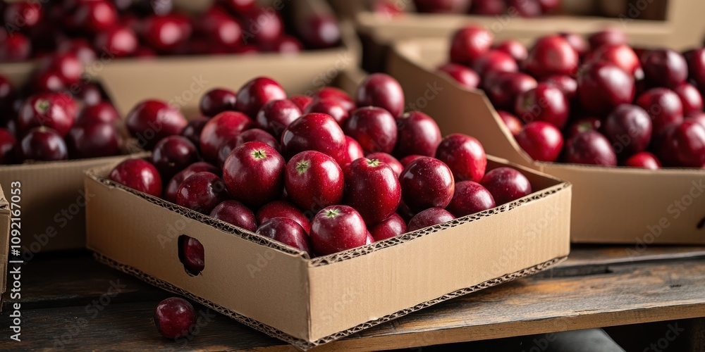Poster a display of red apples in cardboard boxes at a market or farm setting.