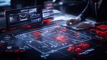 Obraz premium futuristic office with advanced technology and data analysis