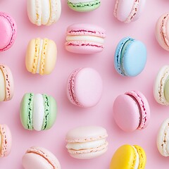 Obraz premium 2409_002.An assortment of whole, uncropped colorful macarons on soft pink background, view from above, showcasing diverse varieties, arranged with space around each colorful macarons, editorial