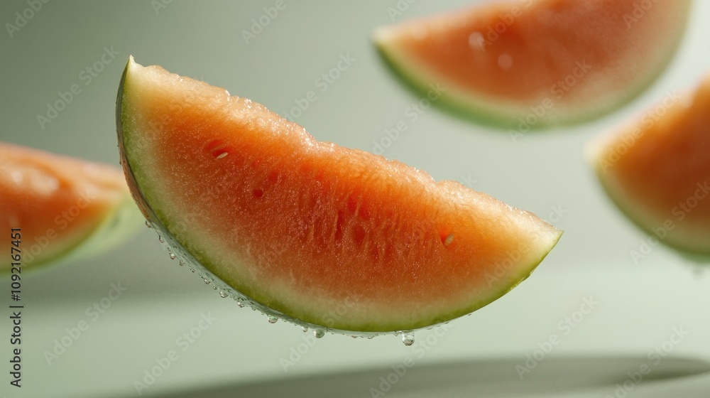 Poster floating watermelon slices with droplets, showcasing freshness and summer vibes.