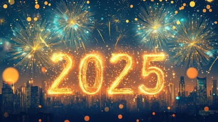 Happy New Year 2025! A vibrant banner featuring dazzling golden fireworks over a silhouette of a cityscape, with glowing neon text 2025