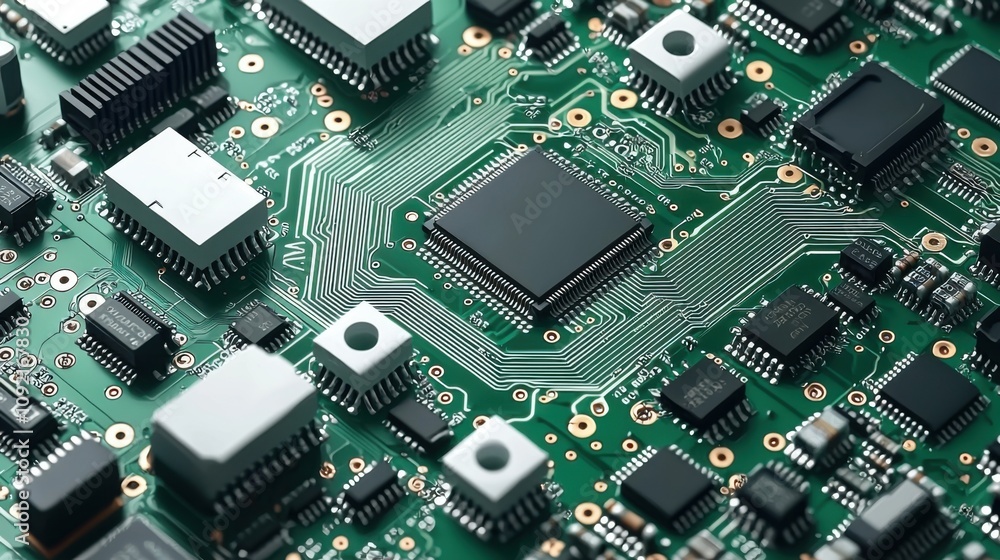 Poster high tech circuit board closeup of microchips and components