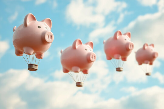 Pig hot air balloon in the sjy, concept of saving money and freedom.