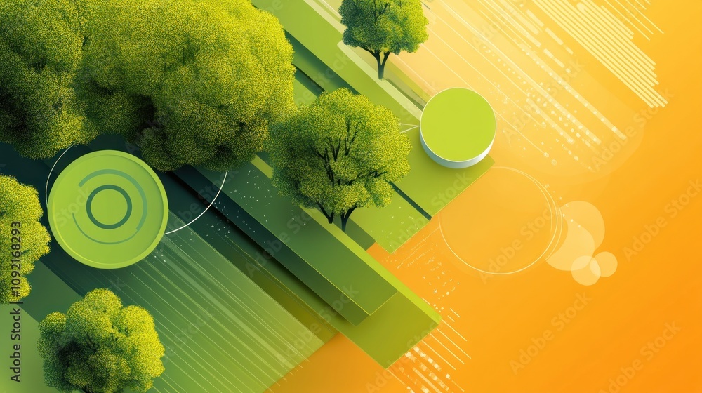 Poster abstract illustration featuring trees and geometric shapes on a gradient background.