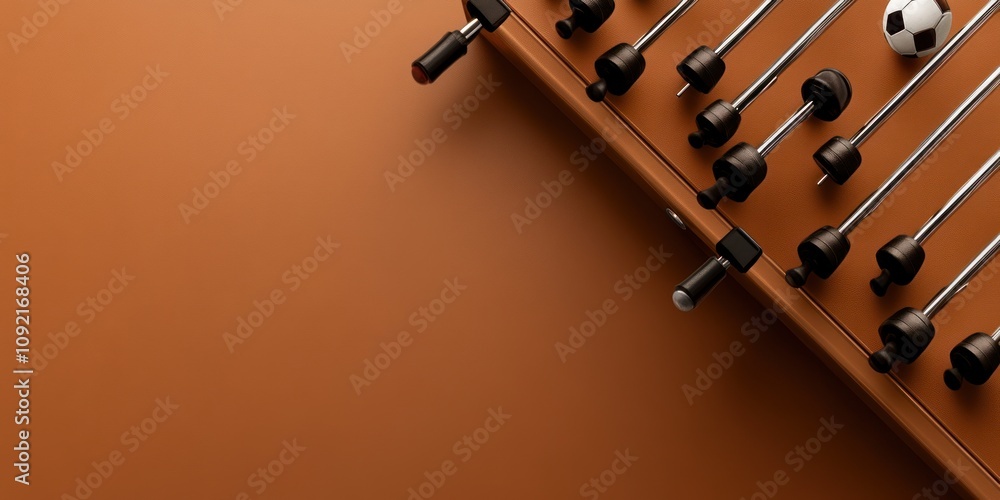 Poster a close-up of a foosball table with a soccer ball on a brown background.