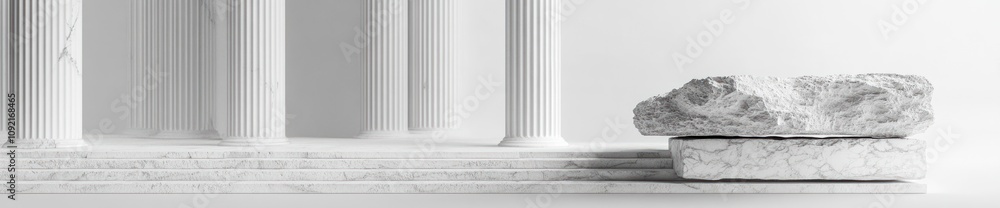 Poster A minimalist depiction of classical architecture with columns and a stone.
