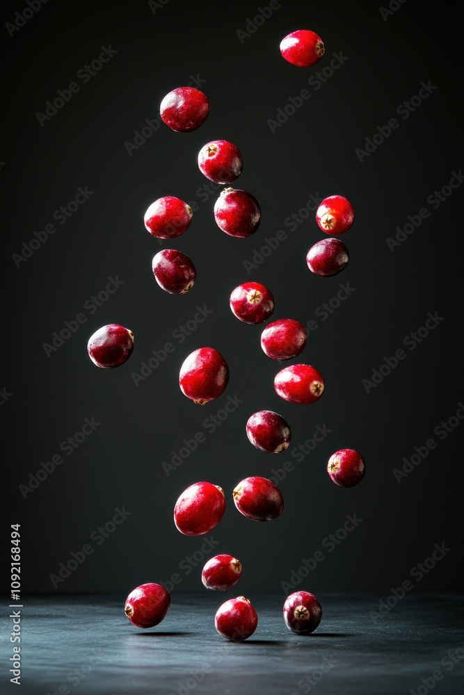 Poster a dynamic arrangement of floating cranberries against a dark background.