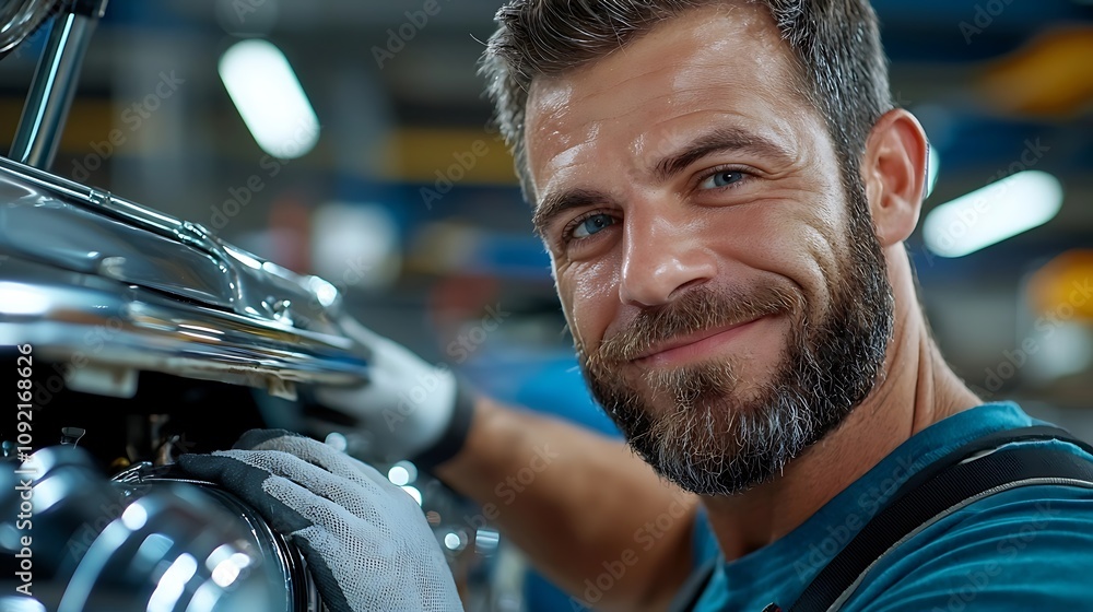 Poster smiling confident mechanic in uniform repairing and servicing automobile in auto repair workshop or 
