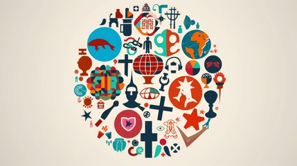 Obraz premium A collection of diverse cultural symbols arranged in a circle,Creative composition representing unity in DIVERSITYEach symbol reflecting a different aspect of culture and identity