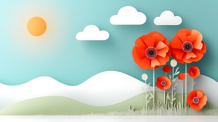 Naklejka premium Stunning red poppy flowers blooming beautifully in a picturesque spring meadow with lush green foliage and rolling mountains in the background The bright vibrant petals stand out against the serene