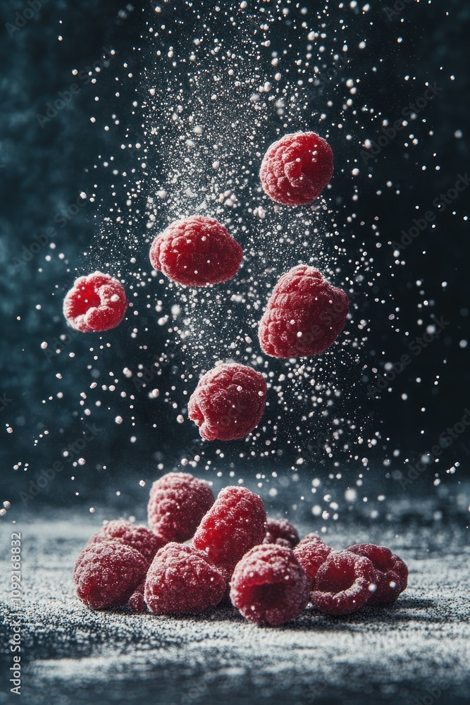 Poster fresh raspberries suspended in air with powdered sugar, creating a dynamic and vibrant scene.