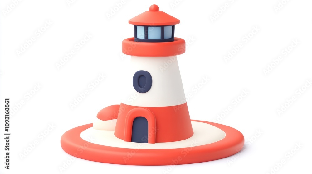 Poster a stylized lighthouse model with a red and white color scheme, symbolizing coastal guidance.