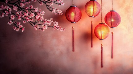 Obraz premium Serene Lunar New Year Vibes with Plum Blossoms and Lanterns on Minimalist Background