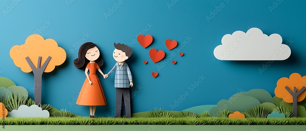 Poster of a young loving couple embracing in an idyllic outdoor setting with a meadow trees and clouds in t