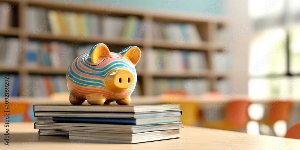 Aufkleber a colorful piggy bank sits atop a stack of books in a cozy library setting.