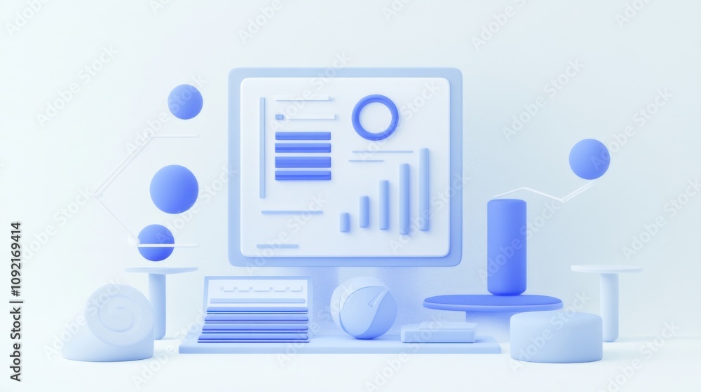 Poster A minimalist digital workspace featuring abstract shapes and data visualizations.