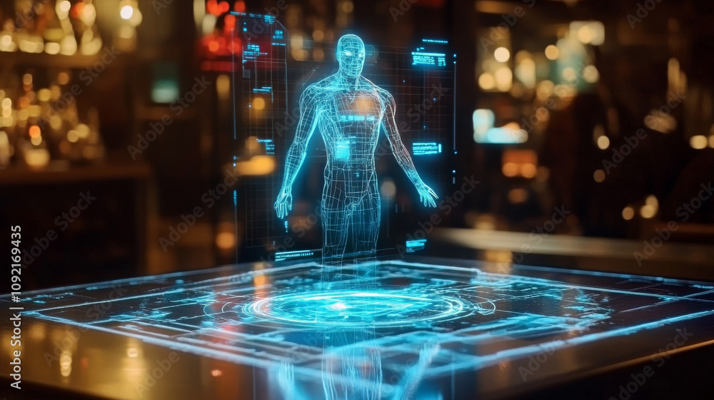 Poster a 3d picture shows a digital hologram using blockchain technology.