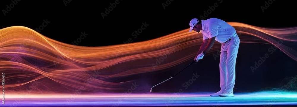 Poster a golfer preparing to swing, surrounded by colorful light trails.