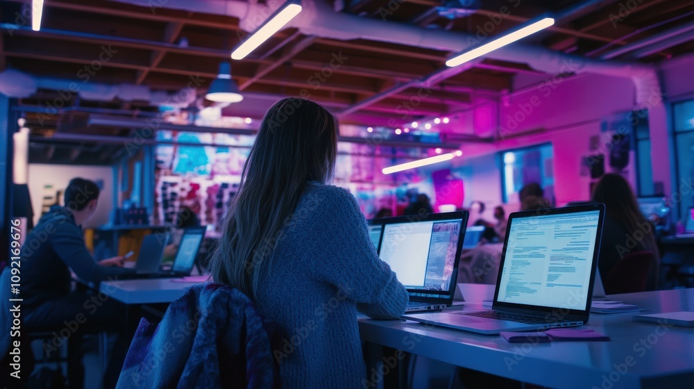 Aufkleber a dimly lit workspace with individuals using laptops, emphasizing collaboration and technology.