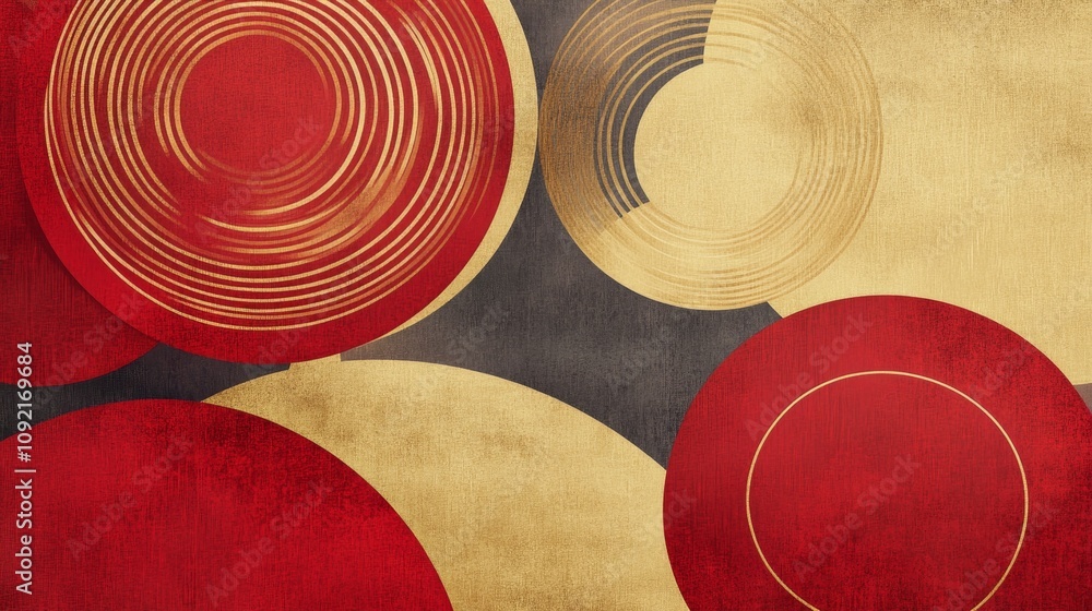 Poster radiant new beginnings - abstract geometric design with red and gold concentric circles symbolizing 