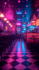 Obraz premium Vibrant Retro Diner Interior with Neon Lights and Checkerboard Floor in Urban Nightlife