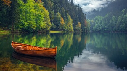Obraz premium Wooden Canoe on the Calm Lake Surrounded by Green Tree Forest