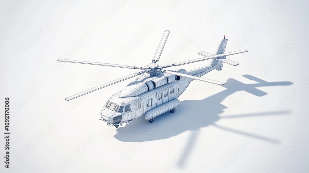 Poster a detailed 3d model of a helicopter, showcasing its design and structure.