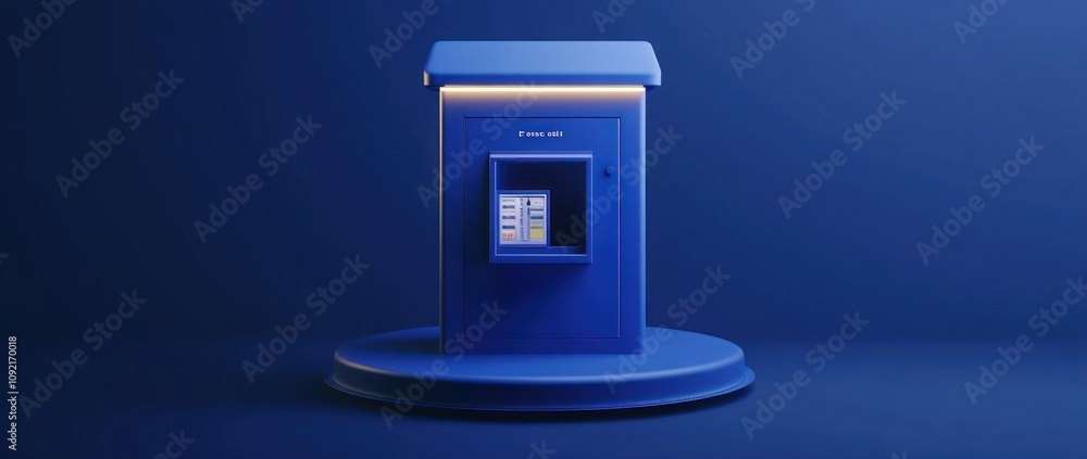 Poster A blue kiosk with an interactive screen, designed for user engagement.