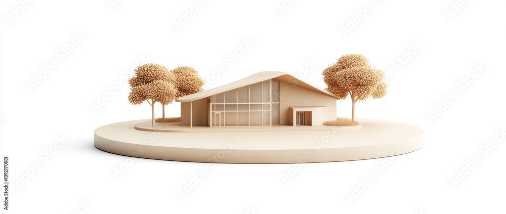 Poster a minimalistic architectural model of a house surrounded by stylized trees.