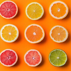 Obraz premium 2409_068.An assortment of whole, uncropped fresh citrus slices on zesty orange background, view from above, showcasing diverse varieties, arranged with space around each fresh citrus slices,