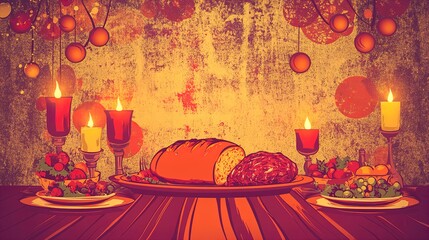 Festive Ambiance: A Cozy Christmas Dinner Table with Golden Loaf, Roasted Meat, and Fresh Salads - Perfect for a Holiday-Themed Poster in Your Dining Space!