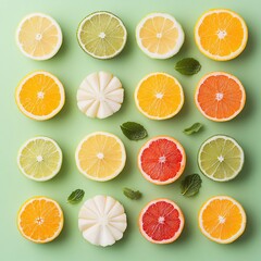 Obraz premium 2409_102.An assortment of whole, uncropped fresh fruit slices on mint green background, view from above, showcasing diverse varieties, arranged with space around each fresh fruit slices, editorial