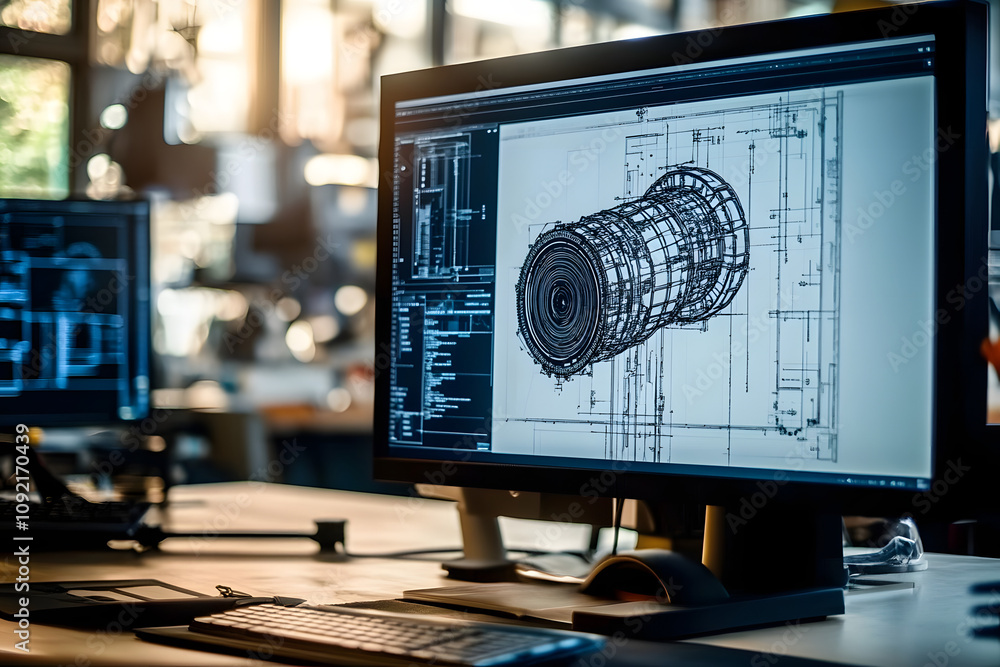 Poster close up of engineer s computer displaying intricate 3d mechanical design and blueprints