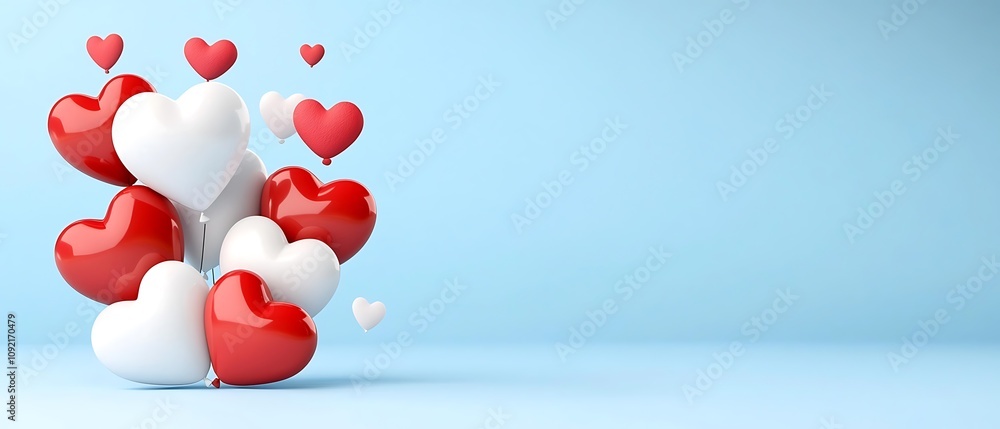 Poster floating heart shapes in red and white colors arranged in decorative group creating a romantic and f