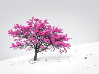 Obraz premium In the midst of winter a tree on a snowy hill bursts into bloom with vibrant pink flowers creating a stunning contrast against the monochrome backdrop, blooming tree, evergreen tree