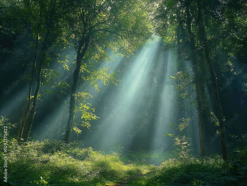 Poster sunlight filtering through trees serene forest nature scene tranquil environment ground level view p