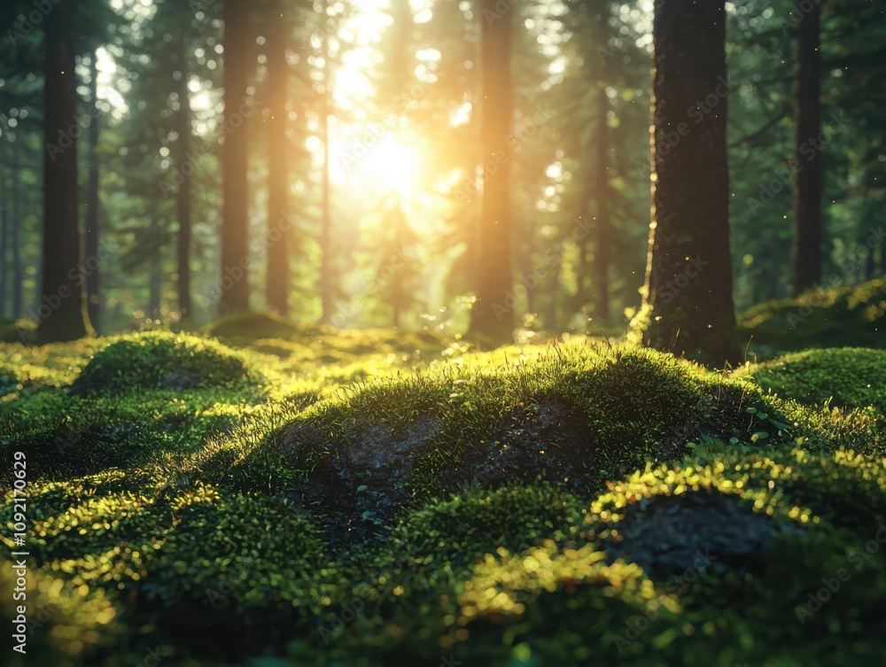 Poster sunlight filtering through trees serene forest nature scene tranquil environment ground level view p