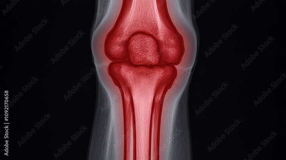 Poster close up x ray image of injured knee joint showing bone structure and inflammation due to trauma or 