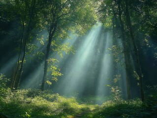 Obraz premium Sunlight filtering through trees serene forest nature scene tranquil environment ground level view peaceful atmosphere