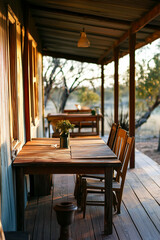 Fototapeta premium Rustic porch with tables and chairs in warm evening sun, overlooking natural landscape