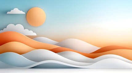 Serene desert landscape with vibrant orange and yellow sunset sky casting a warm glow over the rolling sand dunes and hills  Tranquil minimalist and picturesque natural scenery