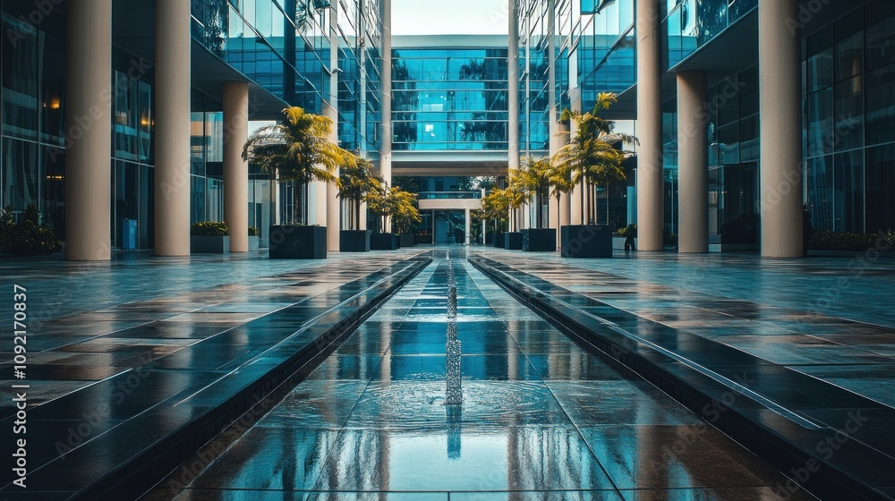 Aufkleber a serene courtyard with a water feature and palm trees amid modern glass architecture.