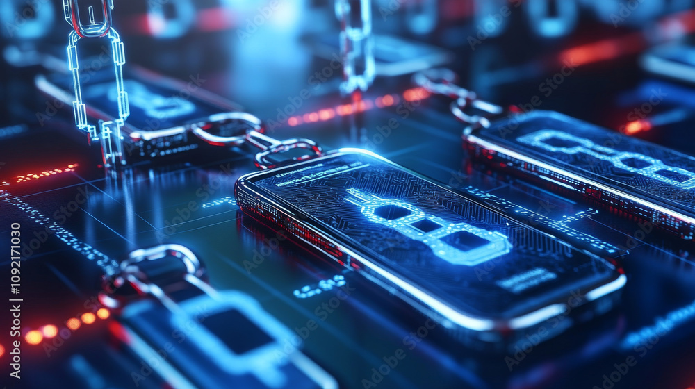 Poster smartphones and other devices will use blockchain technology in the future. this is shown in a 3d il