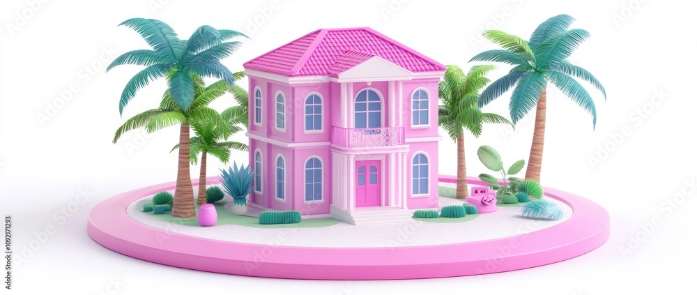 Poster a vibrant pink house surrounded by palm trees on a circular base, showcasing playful architecture.