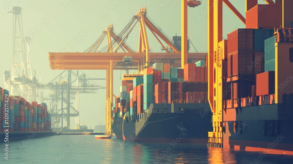 Poster a cargo ship with a crane loads and unloads containers at a port. this is a simplified image of the 