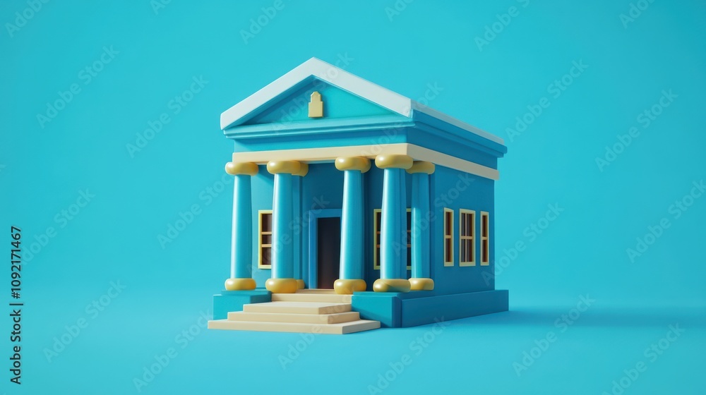 Poster a colorful, stylized building with columns and steps against a blue background.
